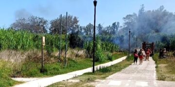 Incendio vicino alla pista ciclabile, vigili del fuoco spengono il rogo