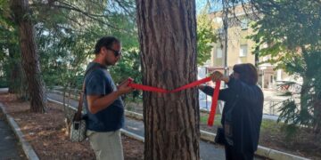 Parcheggio “Due Pini”, la protesta dei nastri rossi: «No all’albericidio»