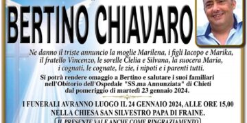 Oggi nella chiesa di San Silvestro l’ultimo saluto a Bertino Chiavaro