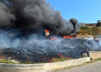 Pullman distrutto dalle fiamme sulla provinciale Monteodorisio-Scerni