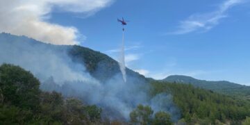 Bosco in fiamme vicino alla Trignina, elicottero e numerose squadre lottano contro il fuoco