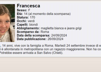 Fracesca, scomparsa a Roma e ritrovata a San Salvo, è sparita di nuovo