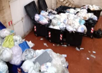 Cassonetti stracolmi di immondizia nel cortile interno, ospedale senza spazi idonei