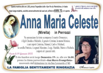 Cordoglio a Vasto per la scomparsa di Anna Maria Celeste