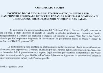 San Salvo-Pro Vasto, partita vietata ai residenti di Vasto, Cupello e Fresagrandinaria