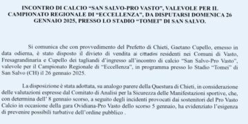 San Salvo-Pro Vasto, partita vietata ai residenti di Vasto, Cupello e Fresagrandinaria